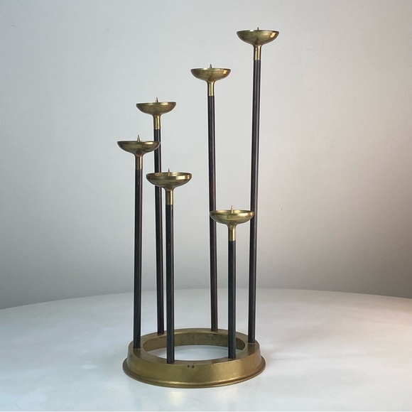 Vintage Mid Century Brass Copper Tiered Candlestick 6 Candle Holder Candelabra - Picture 1 of 13